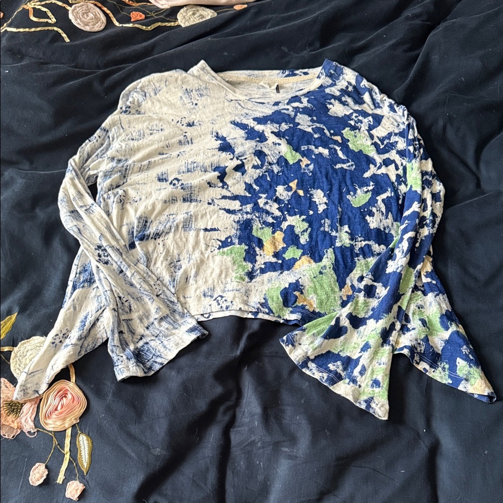 Anthropologie Blue Green Tie-Dye Bell Sleeve Top